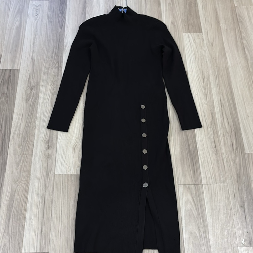DKNY Black Knit Mock Neck Button Detail Long Sleeve Sweater Dress Size M - Picture 5 of 11
